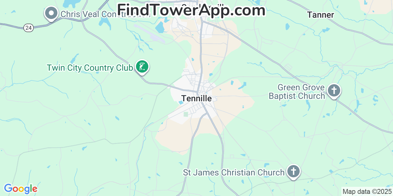 Map showing the 20 primary Mobitel cell tower locations detected in Tennille, Georgia with coverage radius and signal strength indicators