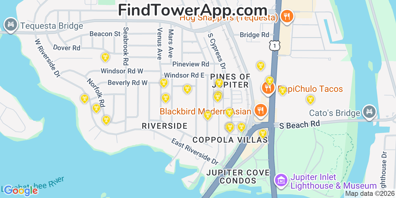 Map showing the 20 primary cell tower locations detected in Tequesta, Florida from AT&T, Verizon, and T-Mobile networks