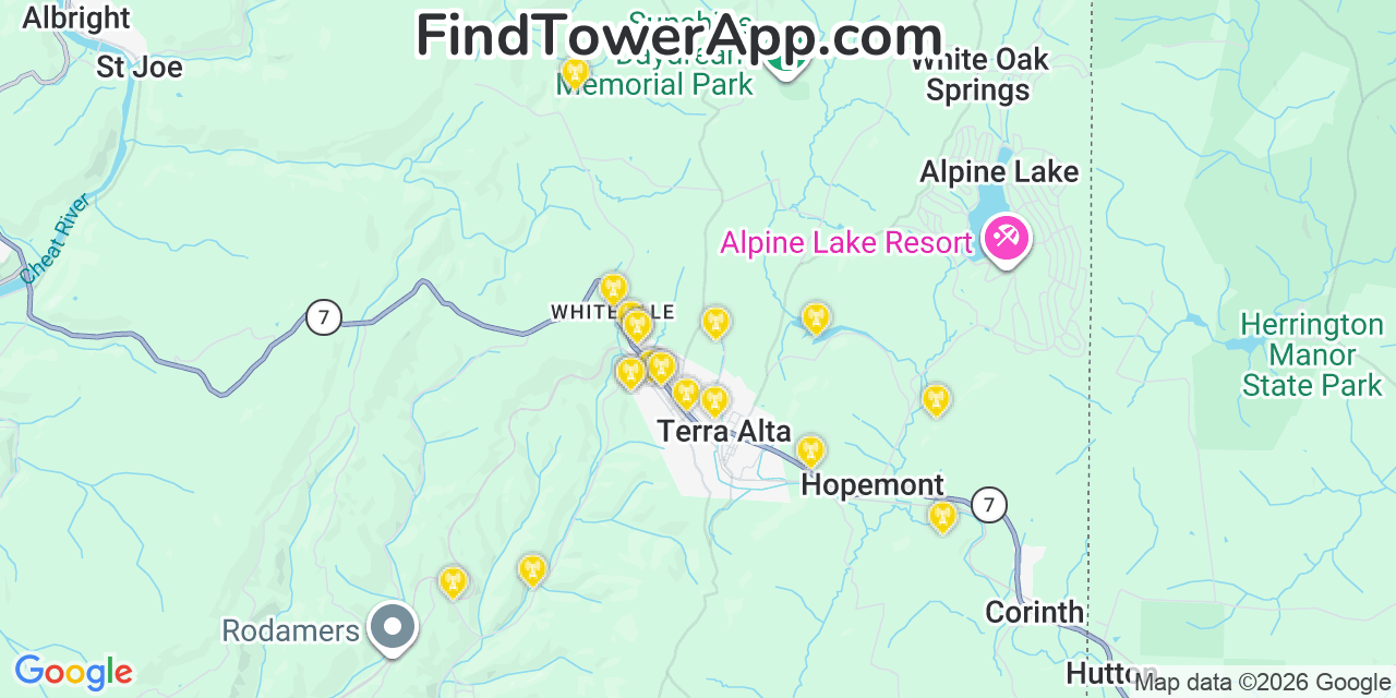 Map showing the 20 primary cell tower locations detected in Terra Alta, West Virginia from AT&T, Verizon, and T-Mobile networks