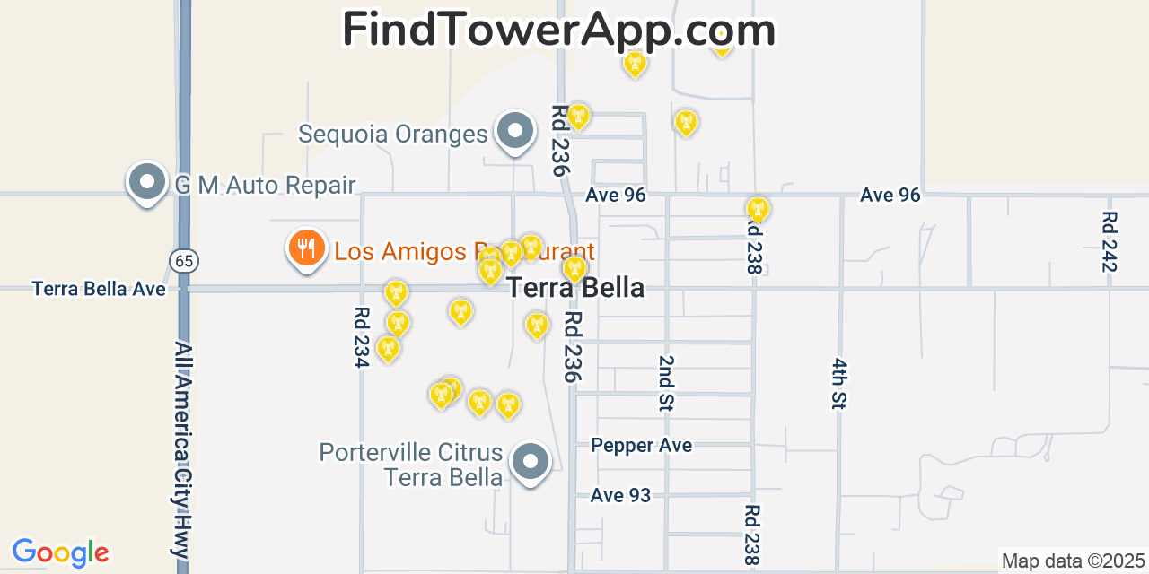 Map showing the 20 primary cell tower locations detected in Terra Bella, California from AT&T, Verizon, and T-Mobile networks