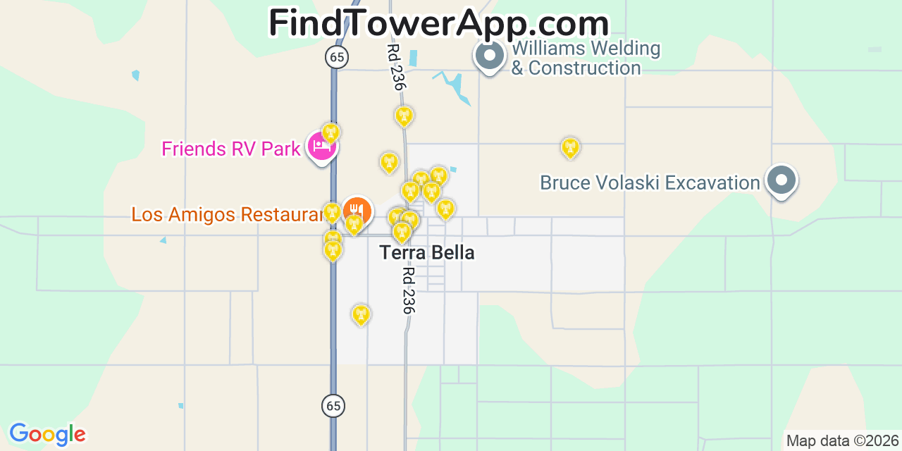 Map showing the 20 primary cell tower locations detected in Terra Bella, California from AT&T, Verizon, and T-Mobile networks