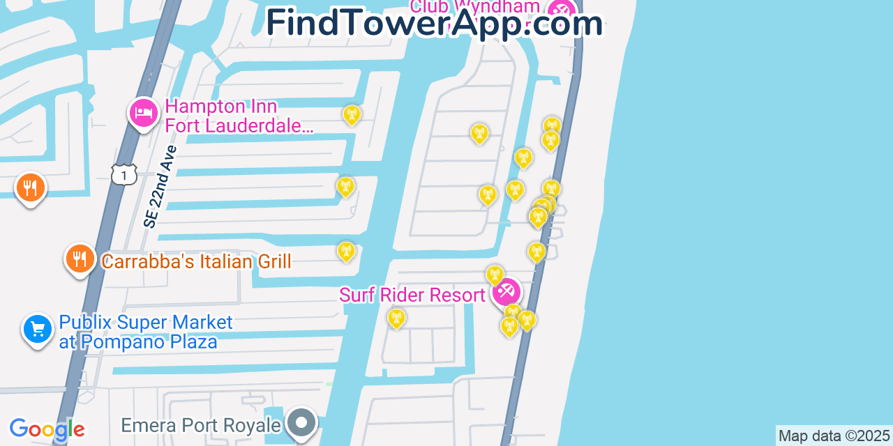 Map showing the 20 primary cell tower locations detected in Terra Mar, Florida from AT&T, Verizon, and T-Mobile networks