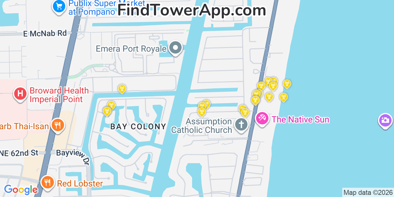 Map showing the 20 primary cell tower locations detected in Terra Mar, Florida from AT&T, Verizon, and T-Mobile networks