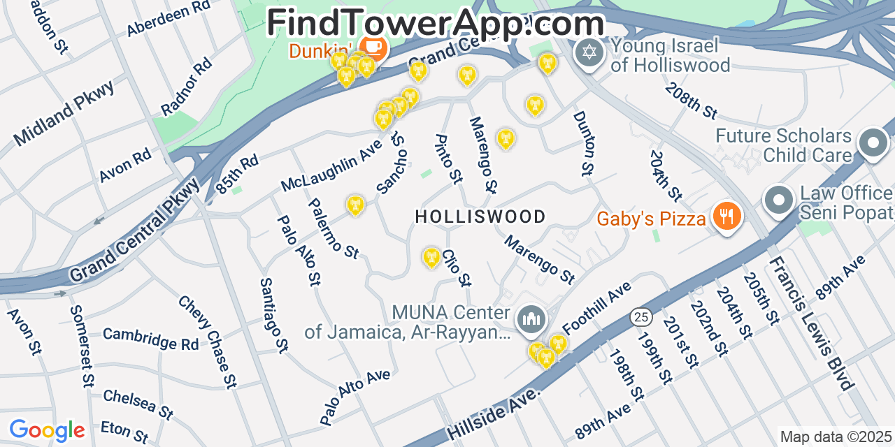 Map showing the 20 primary cell tower locations detected in Terrace Heights, New York from AT&T, Verizon, and T-Mobile networks