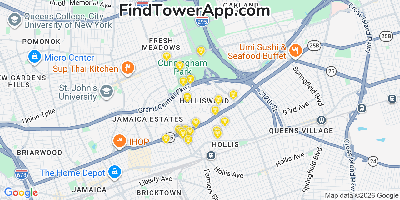 Map showing the 20 primary cell tower locations detected in Terrace Heights, New York from AT&T, Verizon, and T-Mobile networks