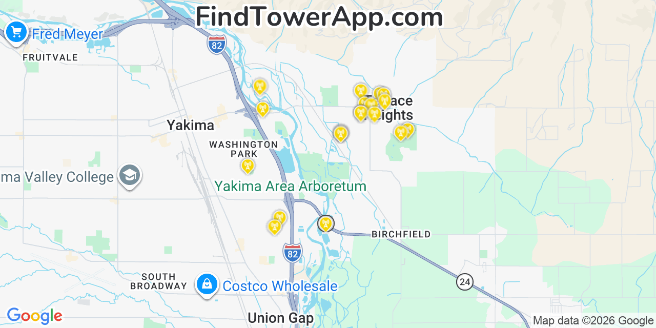 Map showing the 20 primary cell tower locations detected in Terrace Heights, Washington from AT&T, Verizon, and T-Mobile networks