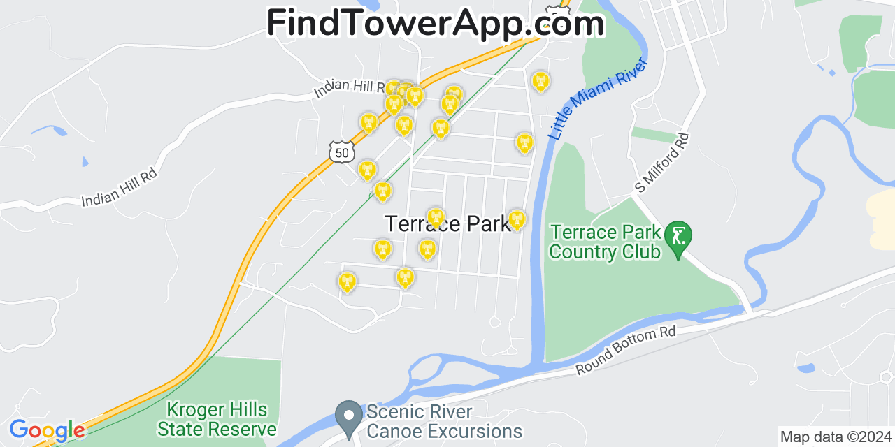 AT&T 4G/5G cell tower coverage map Terrace Park, Ohio