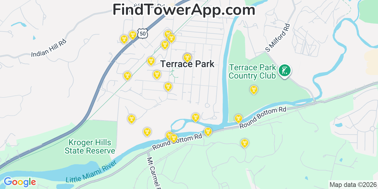 Map showing the 20 primary cell tower locations detected in Terrace Park, Ohio from AT&T, Verizon, and T-Mobile networks
