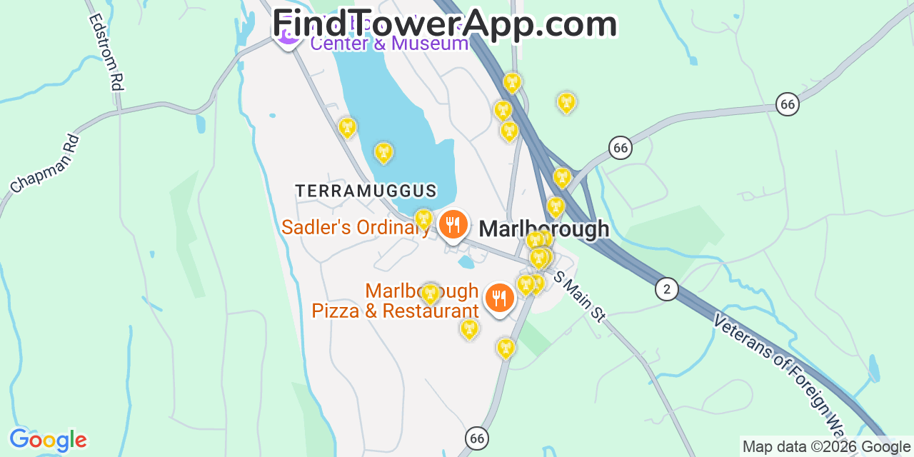 Map showing the 20 primary cell tower locations detected in Terramuggus, Connecticut from AT&T, Verizon, and T-Mobile networks