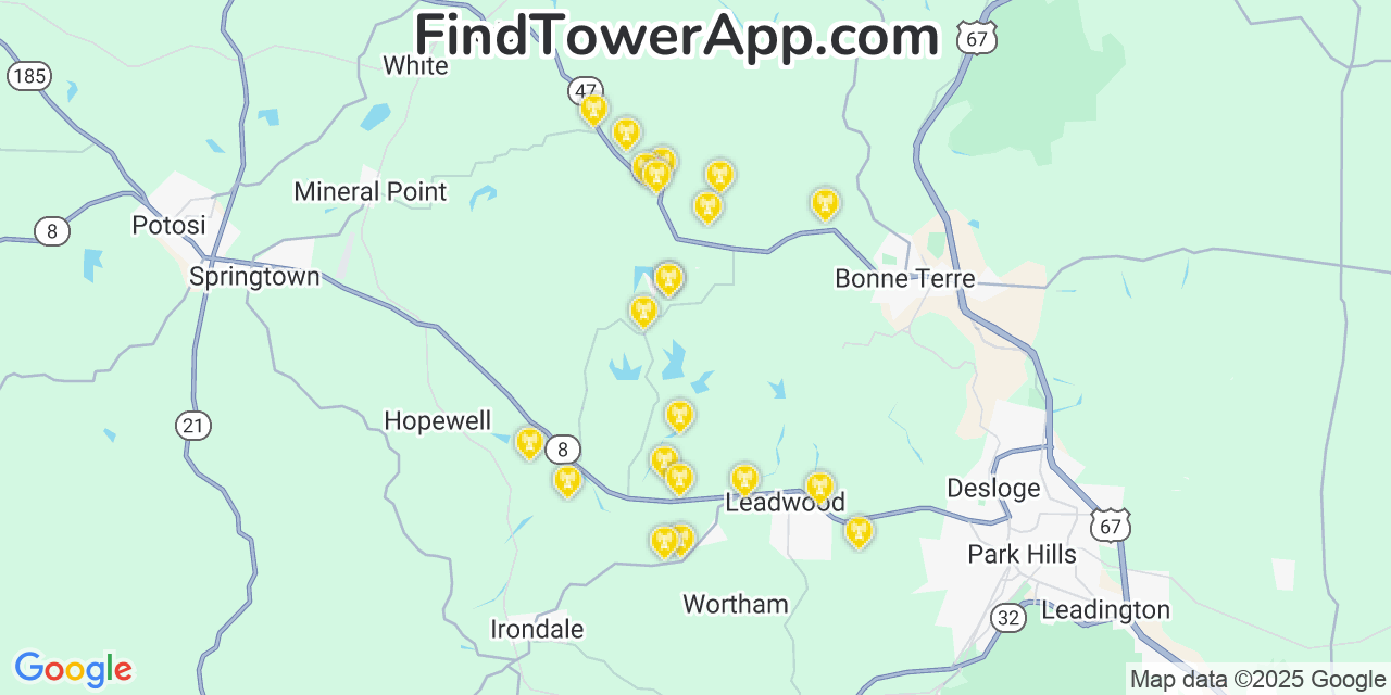 Map showing the 21 primary AT&T cell tower locations detected in Terre Du Lac, Missouri with coverage radius and signal strength indicators