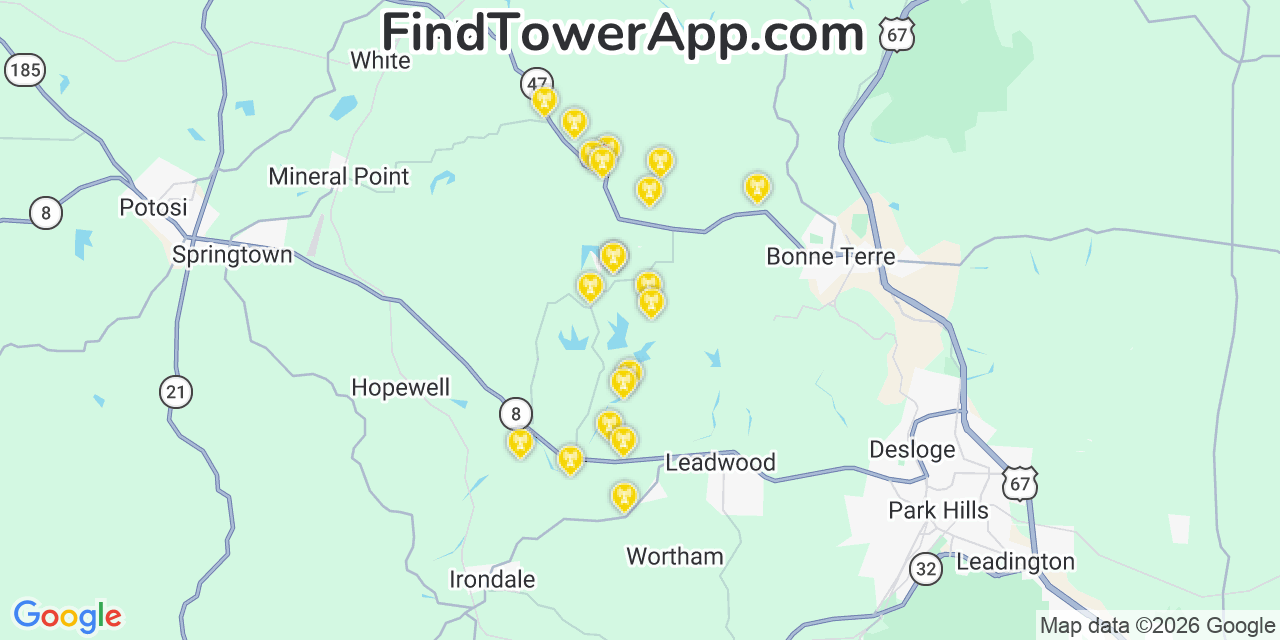 Map showing the 20 primary cell tower locations detected in Terre Du Lac, Missouri from AT&T, Verizon, and T-Mobile networks