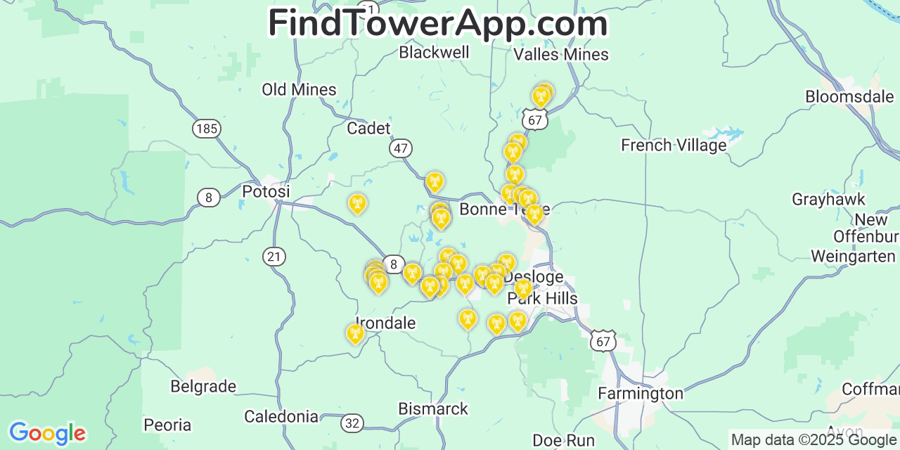 Map showing the 38 primary T-Mobile cell tower locations detected in Terre Du Lac, Missouri with coverage radius and signal strength indicators