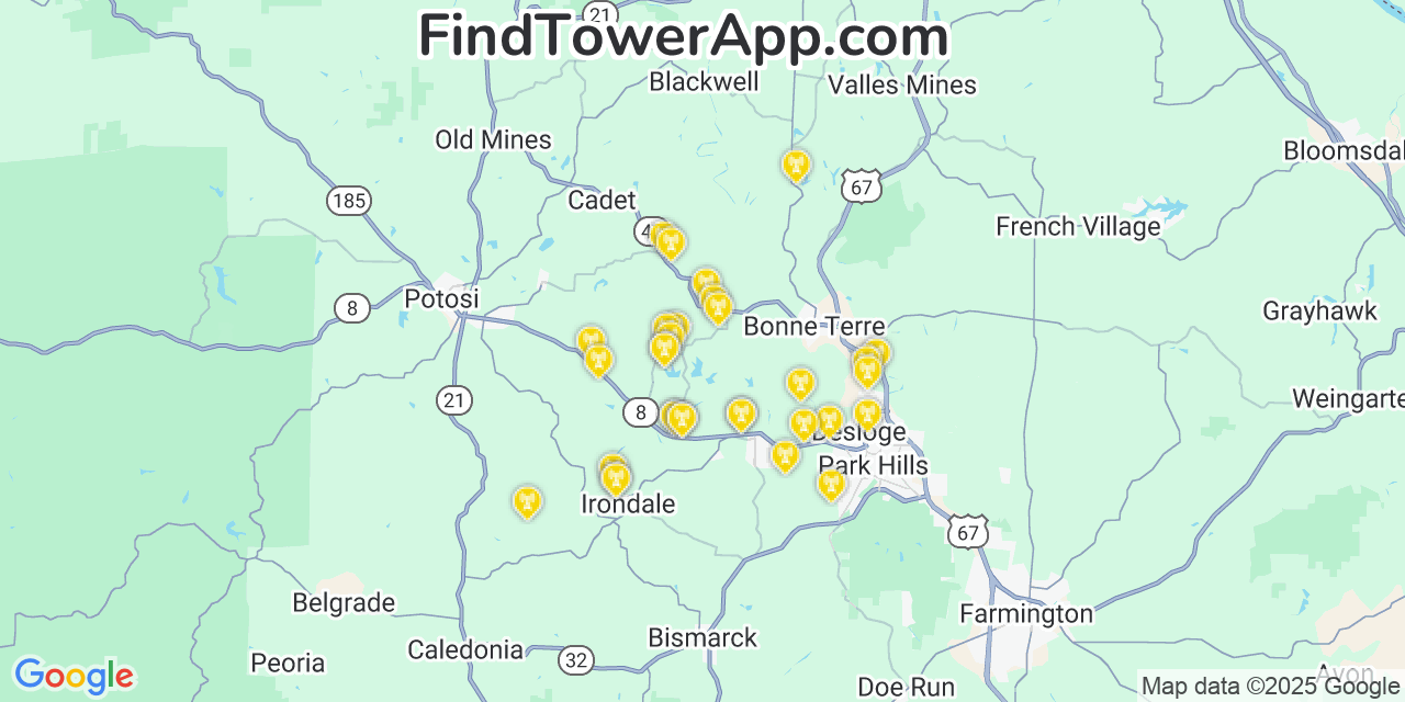 Map showing the 32 primary Verizon cell tower locations detected in Terre Du Lac, Missouri with coverage radius and signal strength indicators