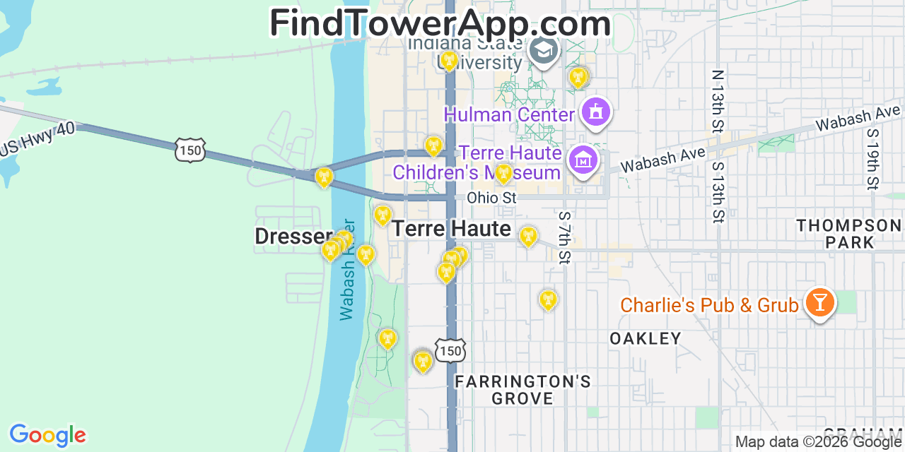 Map showing the 20 primary cell tower locations detected in Terre Haute, Indiana from AT&T, Verizon, and T-Mobile networks