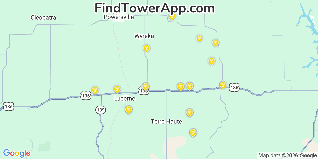Map showing the 20 primary cell tower locations detected in Terre Haute, Missouri from AT&T, Verizon, and T-Mobile networks