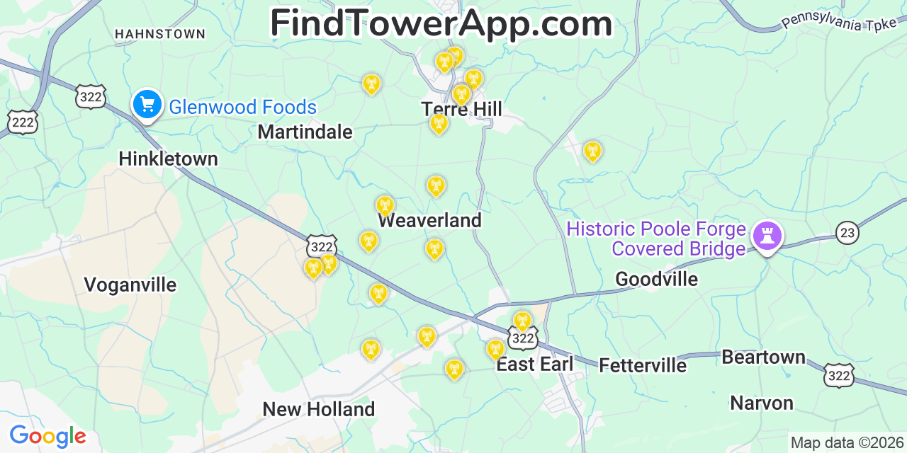 Map showing the 20 primary cell tower locations detected in Terre Hill, Pennsylvania from AT&T, Verizon, and T-Mobile networks