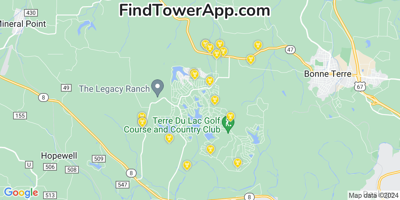 AT&T 4G/5G cell tower coverage map Terre du Lac, Missouri