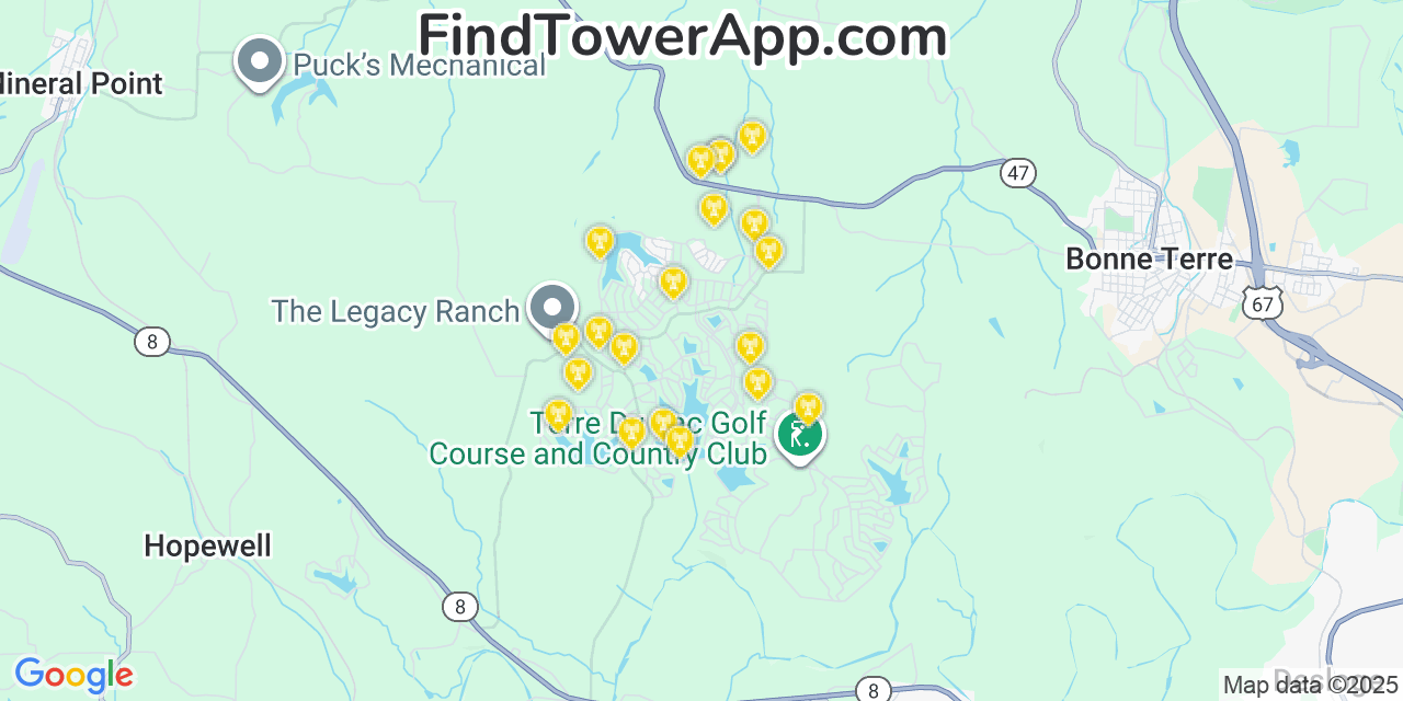 Map showing the 20 primary cell tower locations detected in Terre du Lac, Missouri from AT&T, Verizon, and T-Mobile networks