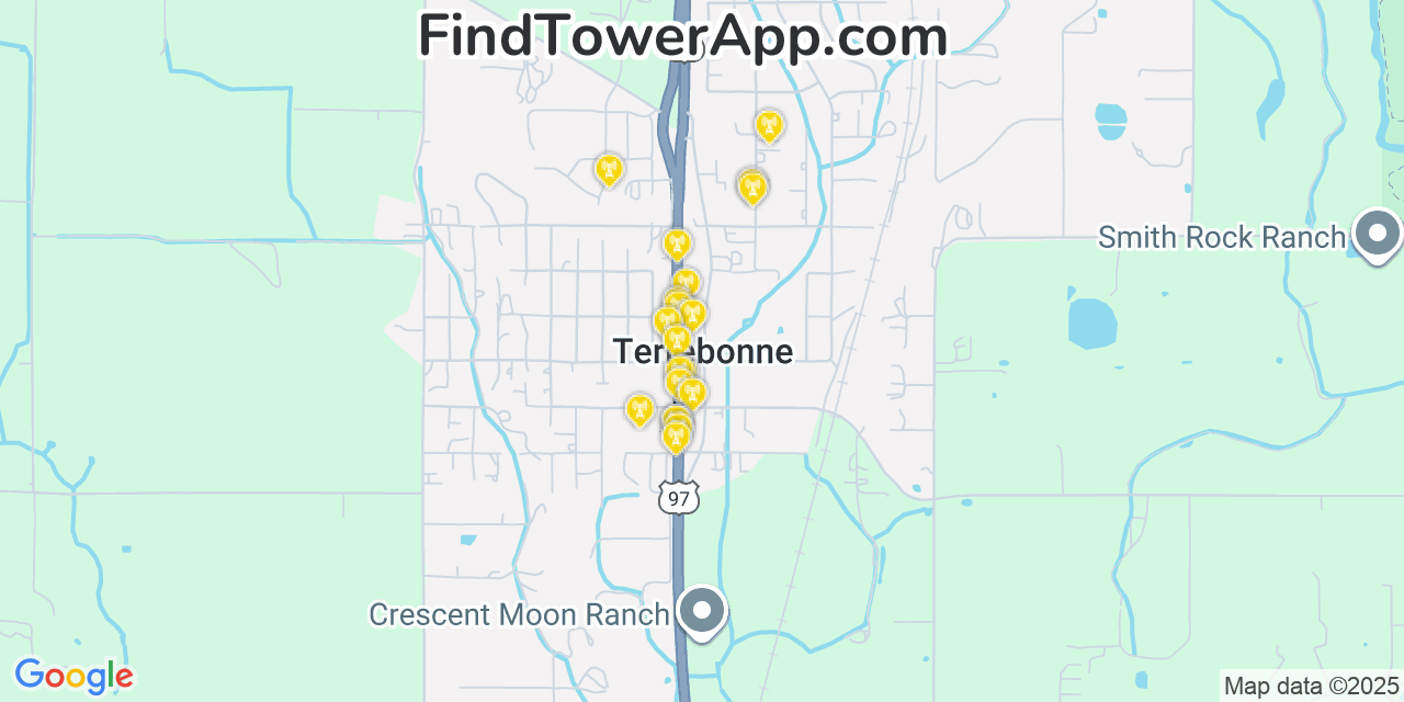 Map showing the 20 primary cell tower locations detected in Terrebonne, Oregon from AT&T, Verizon, and T-Mobile networks