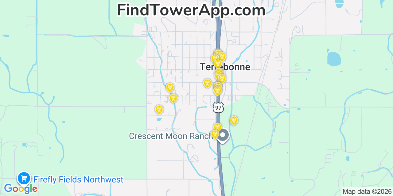 Map showing the 20 primary cell tower locations detected in Terrebonne, Oregon from AT&T, Verizon, and T-Mobile networks