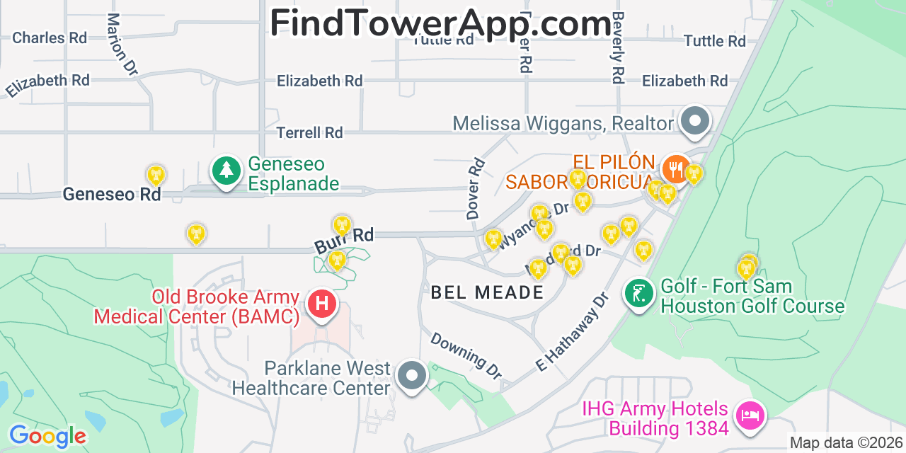 Map showing the 20 primary cell tower locations detected in Terrell Hills, Texas from AT&T, Verizon, and T-Mobile networks