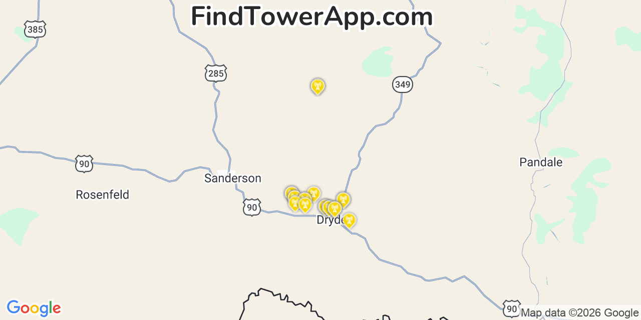 Map showing the 20 primary cell tower locations detected in Terrell, Texas from AT&T, Verizon, and T-Mobile networks