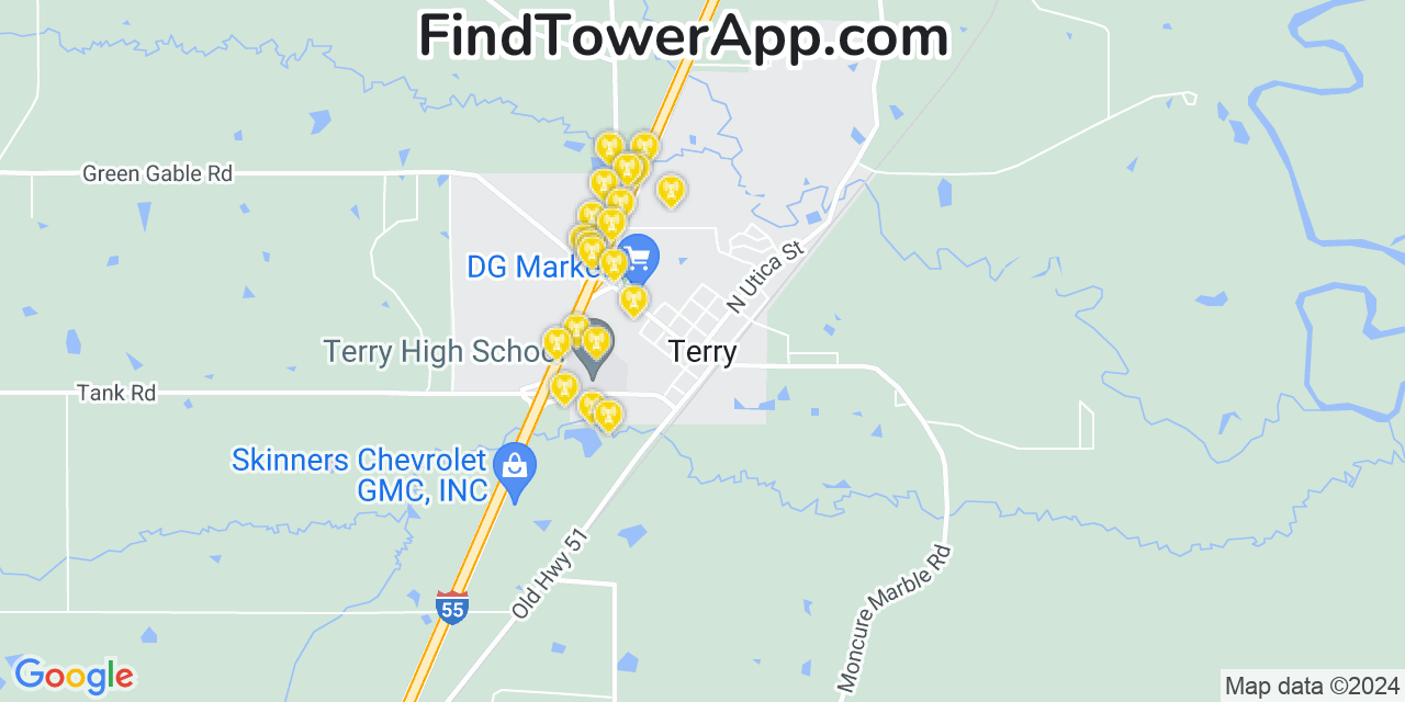 AT&T 4G/5G cell tower coverage map Terry, Mississippi