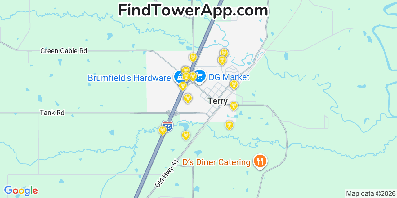 Map showing the 20 primary cell tower locations detected in Terry, Mississippi from AT&T, Verizon, and T-Mobile networks