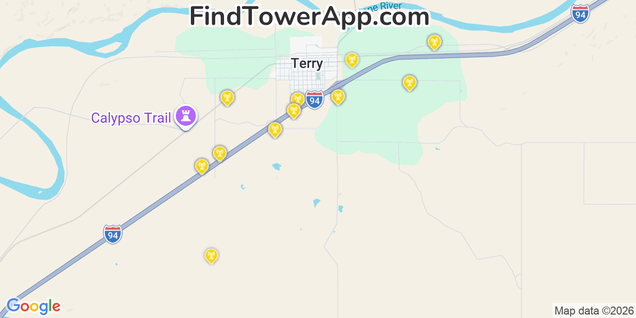Map showing the 20 primary cell tower locations detected in Terry, Montana from AT&T, Verizon, and T-Mobile networks