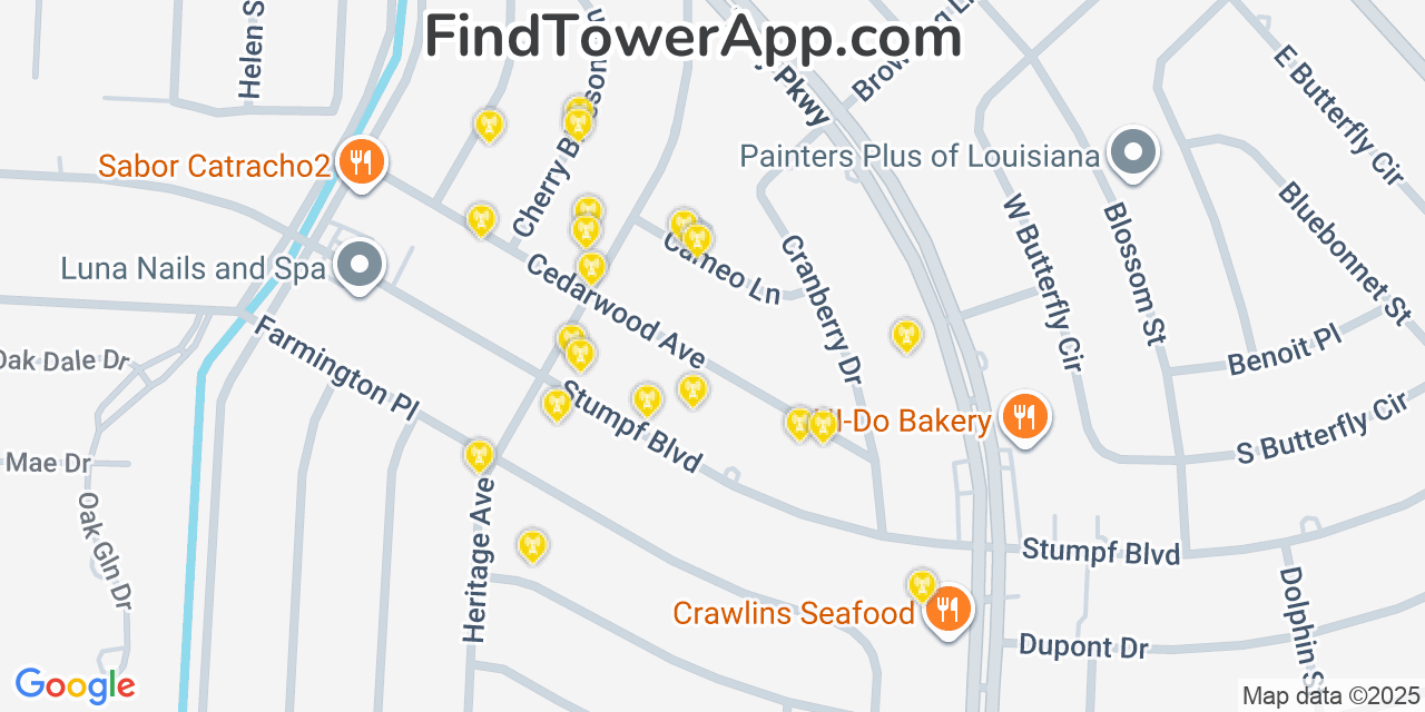 Map showing the 20 primary cell tower locations detected in Terrytown, Louisiana from AT&T, Verizon, and T-Mobile networks