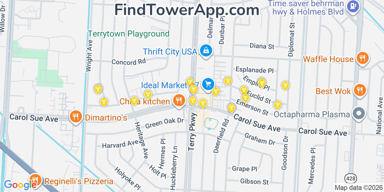 Map showing the 20 primary cell tower locations detected in Terrytown, Louisiana from AT&T, Verizon, and T-Mobile networks