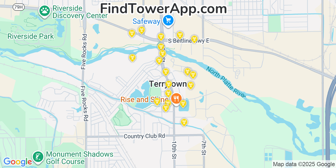 Map showing the 20 primary cell tower locations detected in Terrytown, Nebraska from AT&T, Verizon, and T-Mobile networks