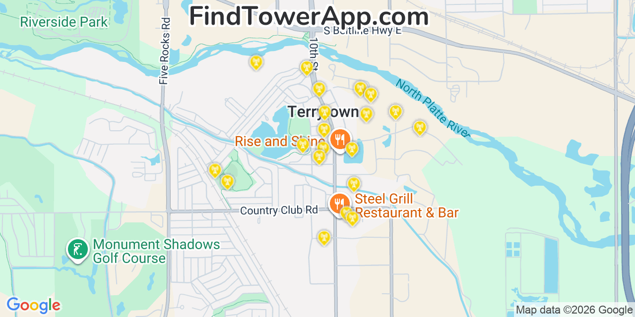 Map showing the 20 primary cell tower locations detected in Terrytown, Nebraska from AT&T, Verizon, and T-Mobile networks