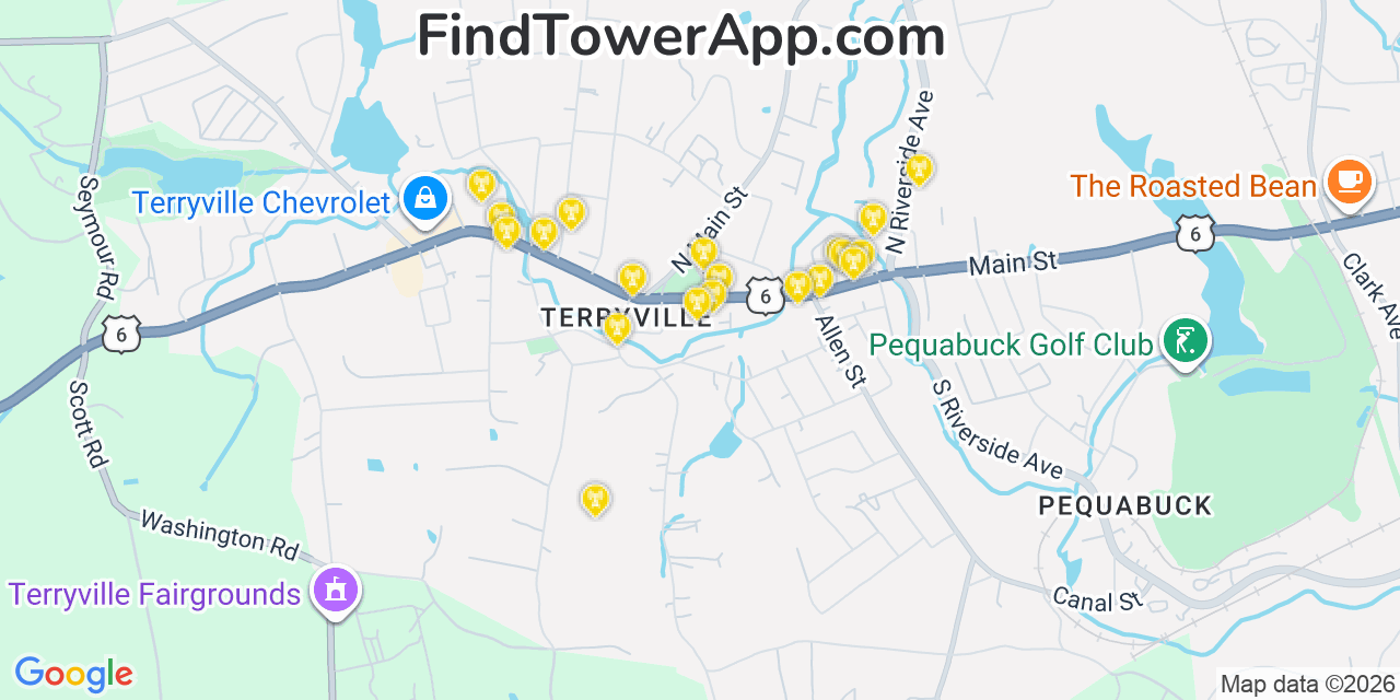 Map showing the 20 primary cell tower locations detected in Terryville, Connecticut from AT&T, Verizon, and T-Mobile networks