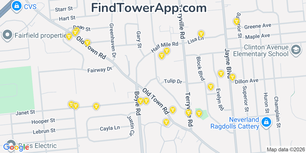 Map showing the 20 primary cell tower locations detected in Terryville, New York from AT&T, Verizon, and T-Mobile networks