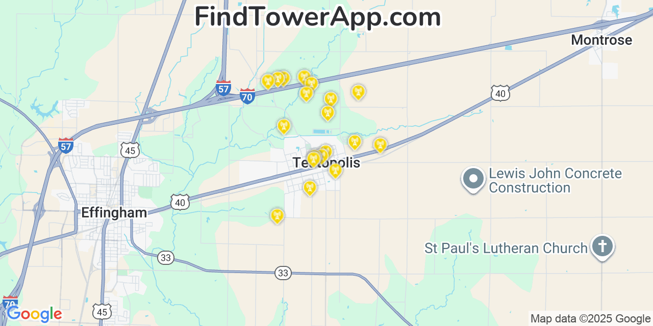 Map showing the 20 primary cell tower locations detected in Teutopolis, Illinois from AT&T, Verizon, and T-Mobile networks