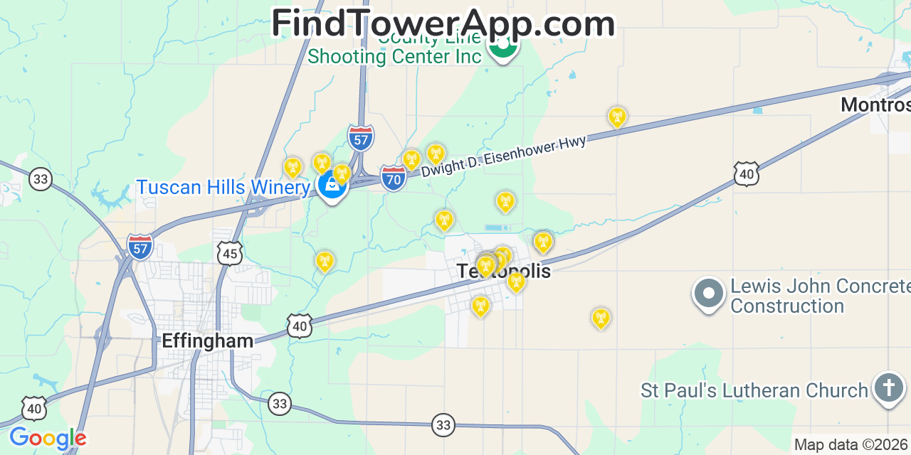 Map showing the 20 primary cell tower locations detected in Teutopolis, Illinois from AT&T, Verizon, and T-Mobile networks