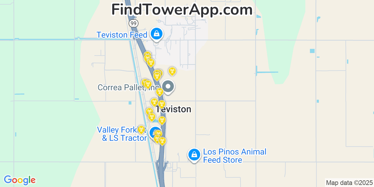 Map showing the 20 primary cell tower locations detected in Teviston, California from AT&T, Verizon, and T-Mobile networks