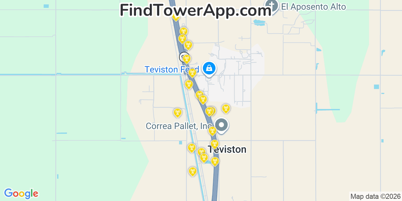 Map showing the 20 primary cell tower locations detected in Teviston, California from AT&T, Verizon, and T-Mobile networks