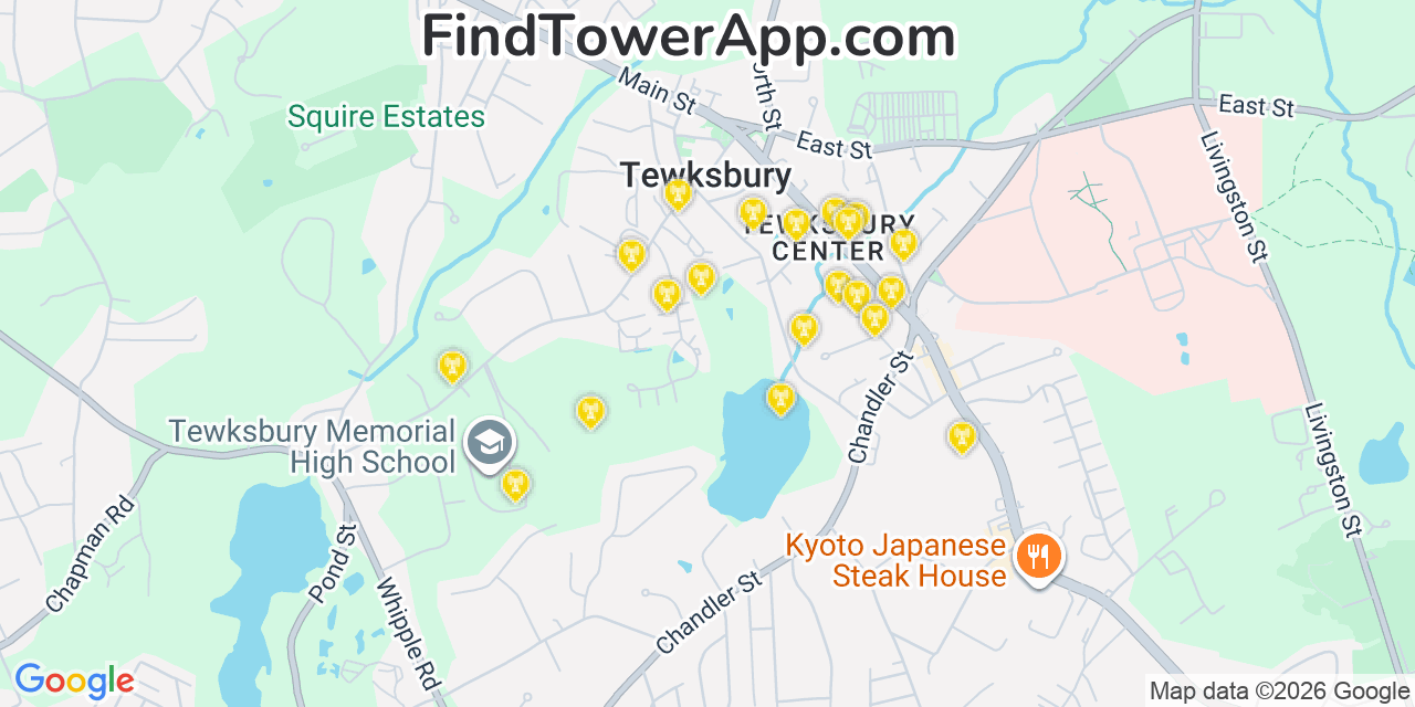 Map showing the 20 primary cell tower locations detected in Tewksbury, Massachusetts from AT&T, Verizon, and T-Mobile networks