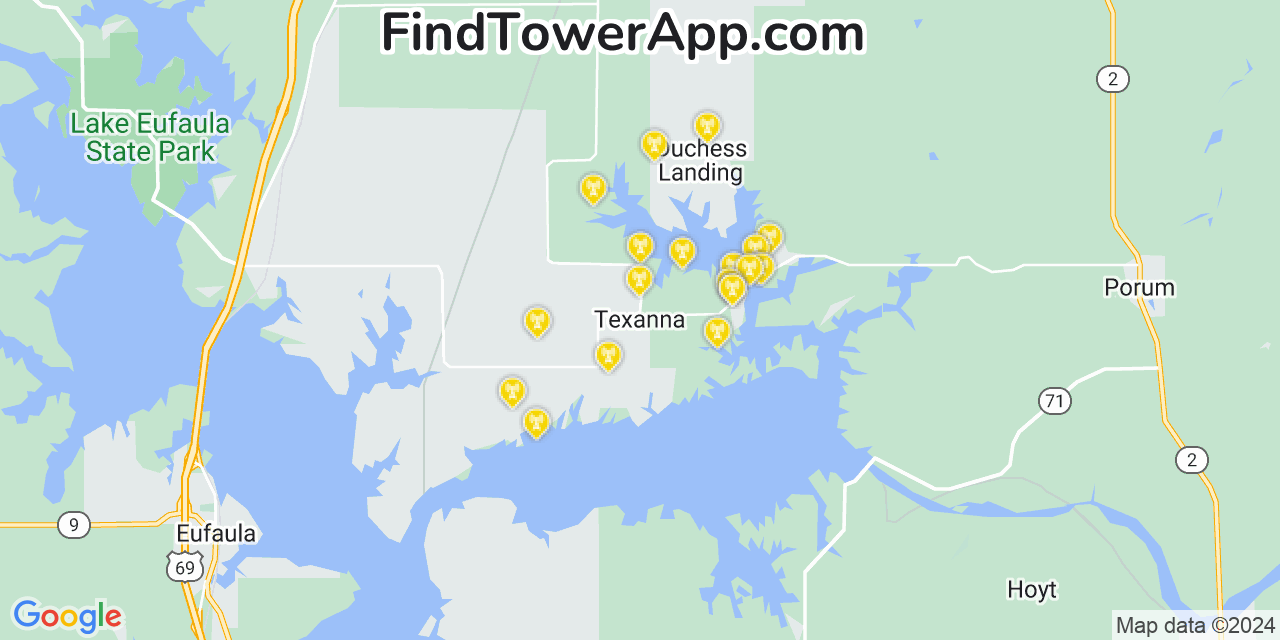 AT&T 4G/5G cell tower coverage map Texanna, Oklahoma