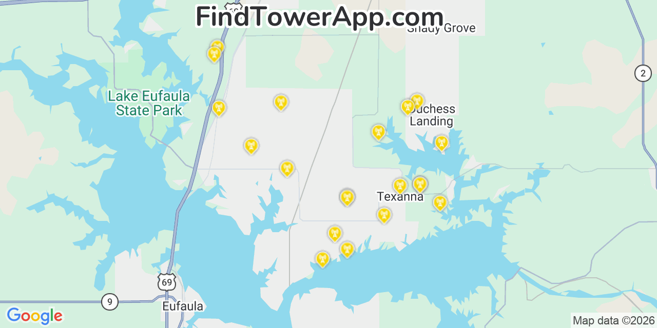 Map showing the 20 primary cell tower locations detected in Texanna, Oklahoma from AT&T, Verizon, and T-Mobile networks