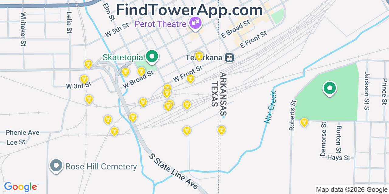 Map showing the 20 primary cell tower locations detected in Texarkana, Arkansas from AT&T, Verizon, and T-Mobile networks