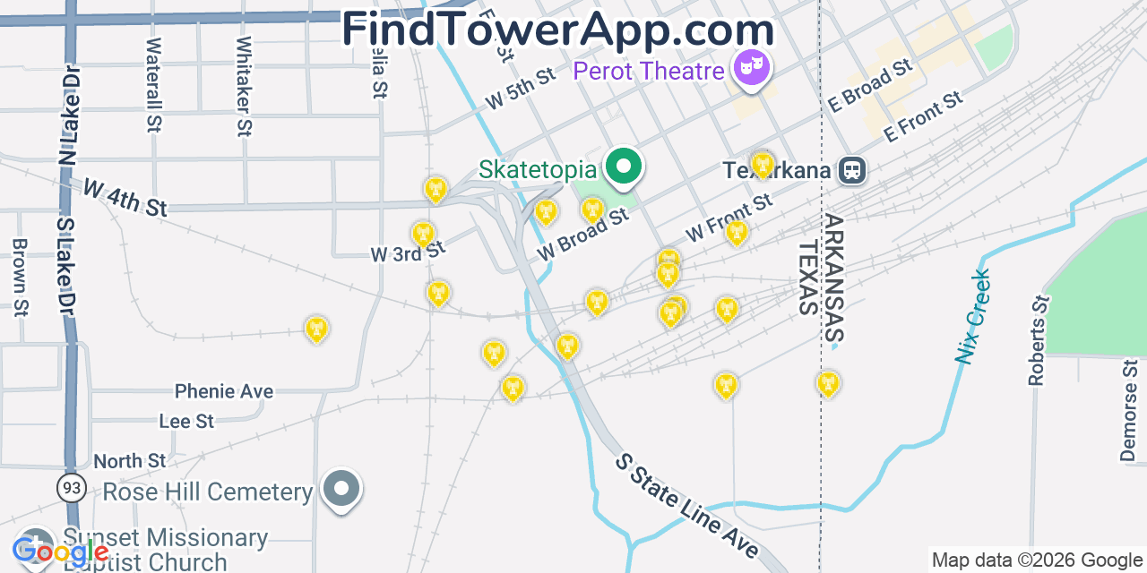 Map showing the 20 primary cell tower locations detected in Texarkana, Texas from AT&T, Verizon, and T-Mobile networks