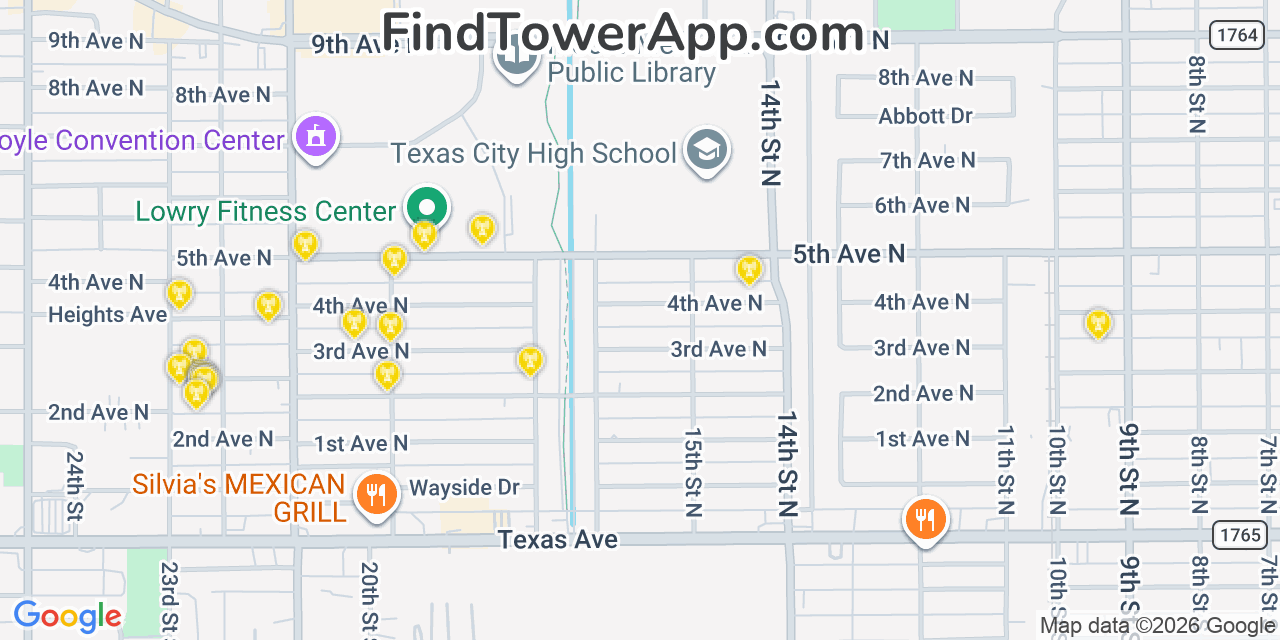 Map showing the 20 primary cell tower locations detected in Texas City, Texas from AT&T, Verizon, and T-Mobile networks