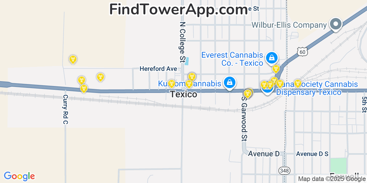 Map showing the 20 primary cell tower locations detected in Texico, New Mexico from AT&T, Verizon, and T-Mobile networks