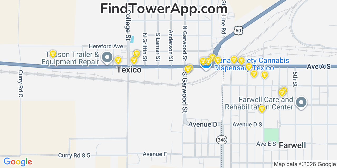 Map showing the 20 primary cell tower locations detected in Texico, New Mexico from AT&T, Verizon, and T-Mobile networks