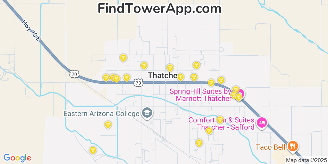 Map showing the 20 primary cell tower locations detected in Thatcher, Arizona from AT&T, Verizon, and T-Mobile networks