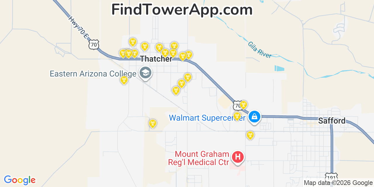 Map showing the 20 primary cell tower locations detected in Thatcher, Arizona from AT&T, Verizon, and T-Mobile networks