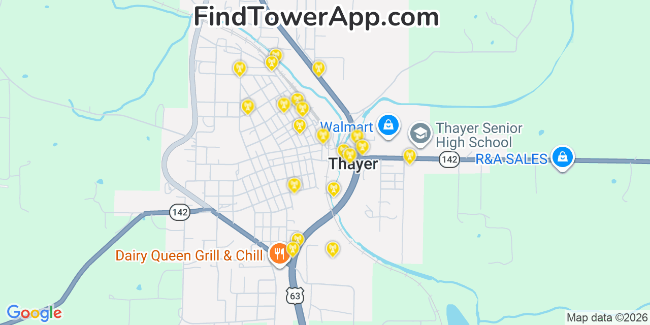Map showing the 20 primary cell tower locations detected in Thayer, Missouri from AT&T, Verizon, and T-Mobile networks